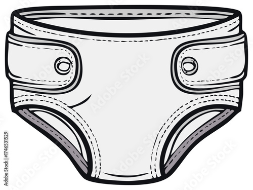 Hand drawn illustration of a white baby diaper with snap fasteners on the sides and reinforced leg openings