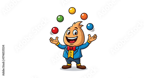 Cartoon character juggling colorful balls with a happy expression.