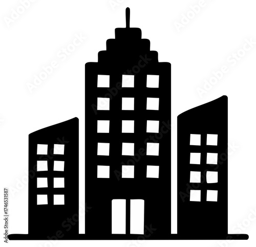 Black silhouette of a cityscape with buildings.