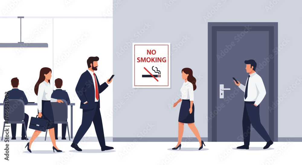 Fototapeta premium Modern office scene showing business professionals walking and using smartphones, illustrating the digital age in a corporate environment with a no smoking sign