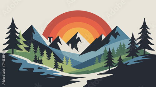 Illustration of mountains with trees and a river under a colorful sunset in a minimalist style