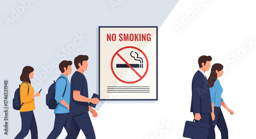 No Smoking Sign and People in a Public Place Vector Illustration of Awareness