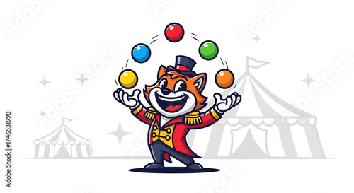 A cartoon fox dressed as a ringmaster juggles colorful balls in front of circus tents.