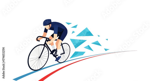 Cyclist in Blue Racing on Track with Geometric Abstract Elements