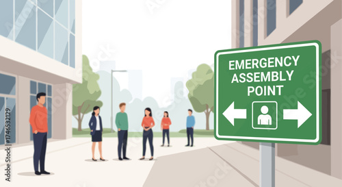 People maintaining distance at an emergency assembly point sign during a safety drill or evacuation
