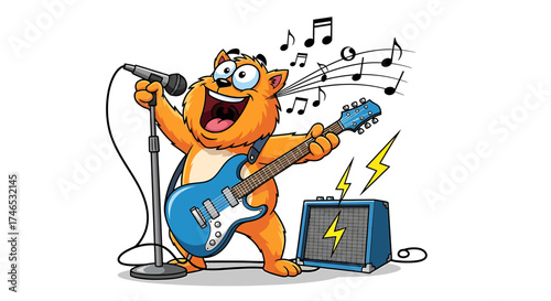 Funny Cartoon Cat Playing Electric Guitar and Singing