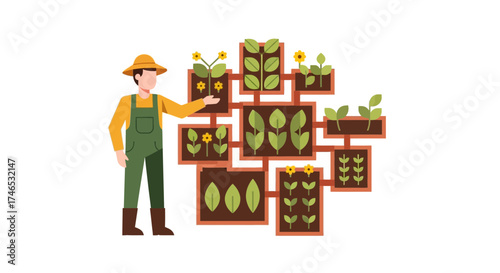 Farmer Presenting a Variety of Plants in a Unique Garden Design