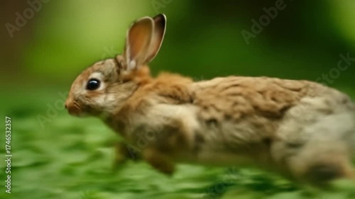 A rabbit swiftly hops through lush green foliage in a vibrant forest setting
