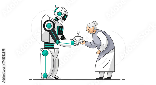 Robot Serving Tea to Elderly Woman Depicting Futuristic Care and Assistance