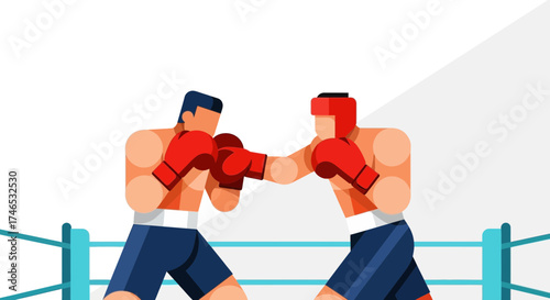 Two Boxers in a Ring Punching with Red Gloves Vector Illustration