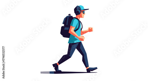 Vector Illustration of a Person Walking with Backpack and Headphones