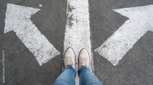 Overhead view of a person standing on a crosswalk wearing beige shoes with laces and blue jeans,