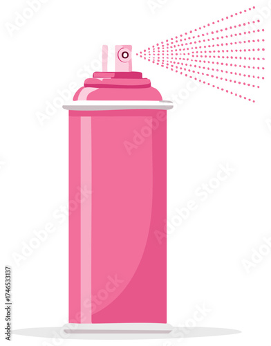 Pink aerosol spray can emitting a fine mist of droplets a modern flat design illustration
