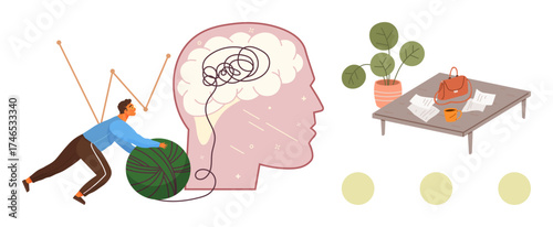 Man rolls a green yarn ball to untangle a brain inside a head. Workspace setup with table, papers, plant, and bag. Ideal for mental health, focus, creativity, problem-solving balance productivity