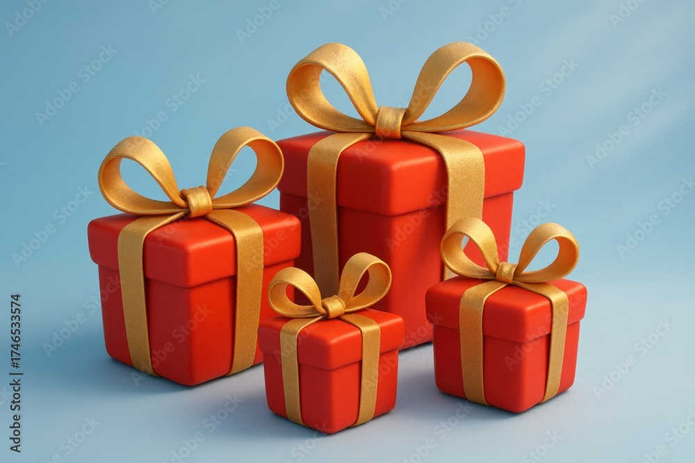 Fototapeta premium Four red gift boxes of varying sizes with golden ribbons and bows on a light blue background