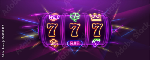 Slot machine with neon gaming symbols on a bright background. Mega slots casino banner. Vector illustration.