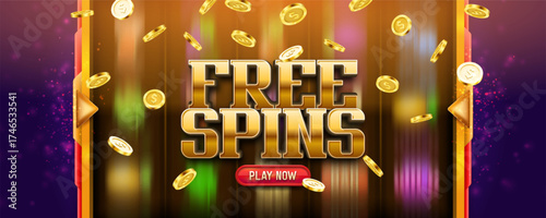 Free spins. Casino banner or poster with slot machine and golden coins on a bright background. Vector illustration.
