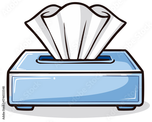 Cartoon illustration of a blue tissue box with tissues popping out.