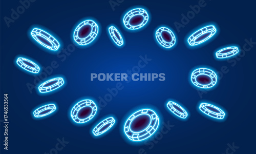 Neon poker chips on dark background. Bright glowing chips for casino and poker. Vector illustration.