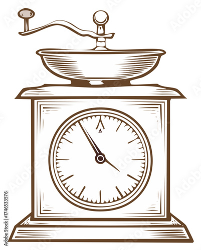 Vintage Style Coffee Grinder Graphic Illustration with Handle and Face Design for Coffee Preparation and Beans