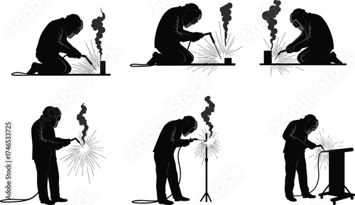 Welder silhouettes, industrial work, metal fabrication, protective gear, sparks and smoke, construction labor, craftsmanship, welding process, safety equipment, workplace industry illustration