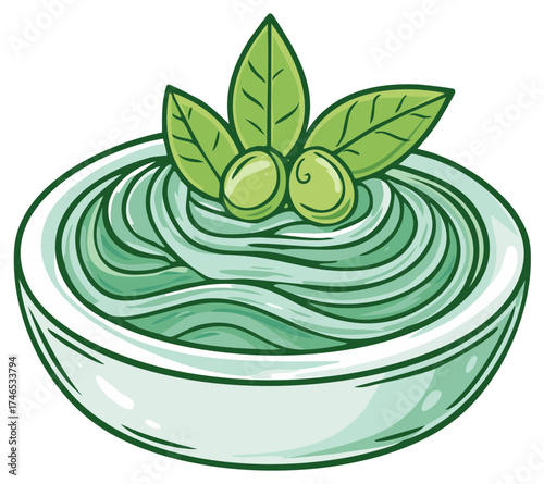 Pesto Sauce in Bowl with Olives and Fresh Basil Leaves a Delicious Italian Flavoring Cartoon Style Illustration