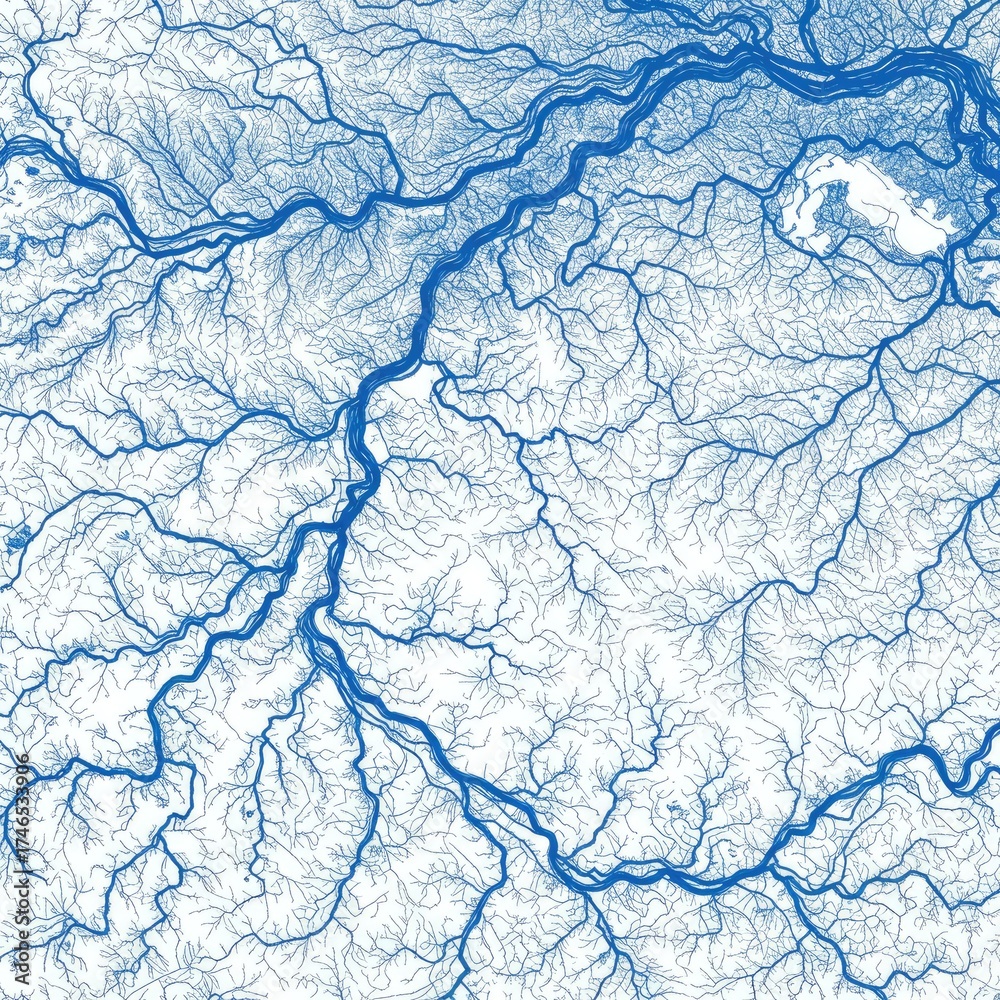 Obraz premium Intricate Blue River Network System Topographical Map Abstract Pattern with Detailed Tributaries and Branching Waterways on a White Background ideal