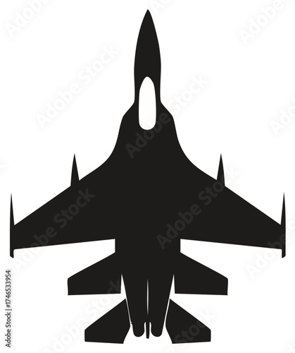 Sleek black silhouette of a fighter jet viewed from above showing the cockpit and wing design against a white backdrop