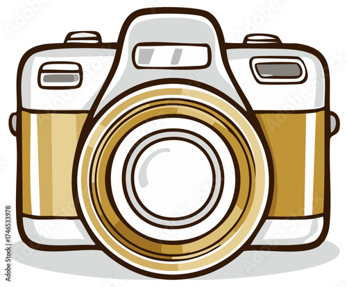 Stylized camera icon illustration golden brown colors detailed outlines photographic equipment capturing memories visual media