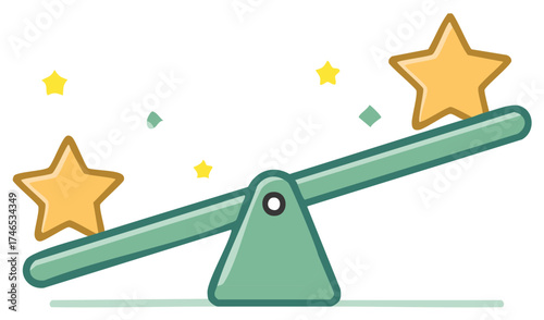 Balance concept represented by a seesaw with star shapes and decorative elements