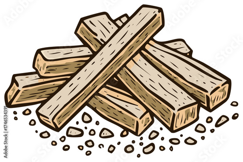 Pile of Wooden Logs and Wood Shavings for Fire or Construction Lumber Ready for Campfire Hand-Drawn Illustration