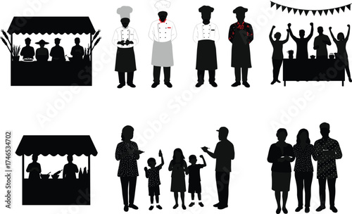 Silhouette food stalls, chefs, family gathering, festive cooking scenes, street food vendors, culinary teamwork, social interaction, vector illustration for celebration