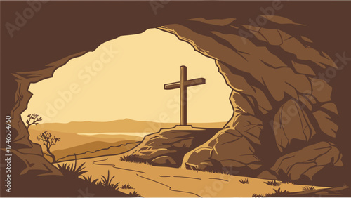 A cross standing on a hilltop viewed from a cave entrance overlooking a serene landscape.