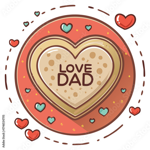 Happy Fathers Day heart shaped cookie with "Love Dad" message and decorative hearts