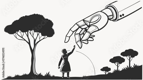 A robotic hand reaching towards a person in a nature scene symbolizing technology and humanitys connection with nature.