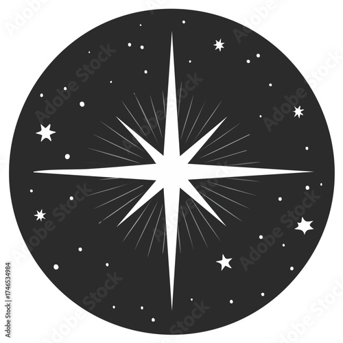 Bright guiding North Star shining in the dark night sky with celestial bodies vector illustration