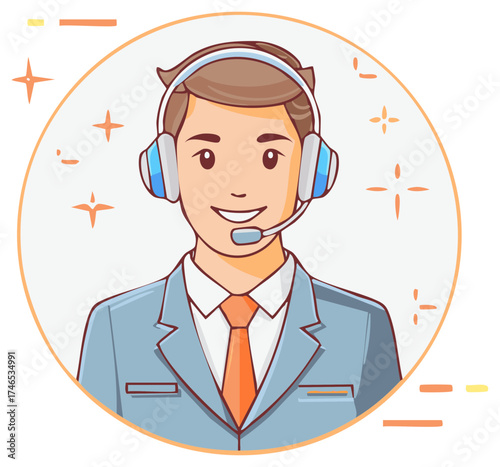Smiling customer service representative with headset in a circle illustration