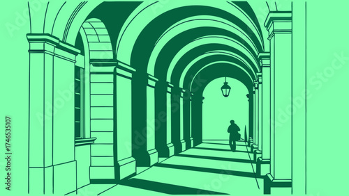 Archway Person Walking Green Architectural Design Silhouette Vintage Style Abstract Illustration Vector Graphic Background Retro Perspective Pathway Columns Arcades Shadows Light.