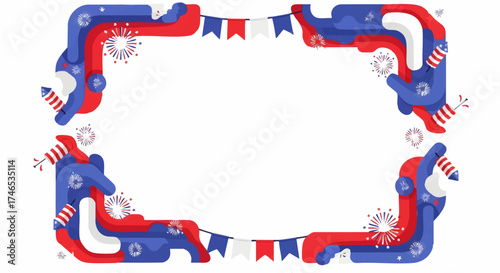 Vibrant patriotic celebration border with red, white, and blue elements, fireworks, and bunting, perfect for festive national holiday designs and event invitations