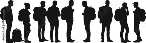 Backpack silhouettes, group of people standing, students or travelers, casual lifestyle, education, journey, outdoor activity, mobility, community illustration set