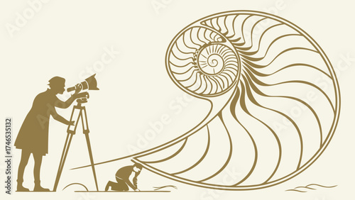 Artistic illustration of a cameraman filming a nautilus shell with a person examining it closely.