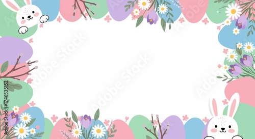 Festive Easter border with cute bunnies, spring flowers, and pastel-colored eggs, perfect for holiday designs and celebrations