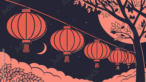 Asian Lanterns Hanging at Night Festive Decoration Moon Tree Silhouette Vector Illustration.