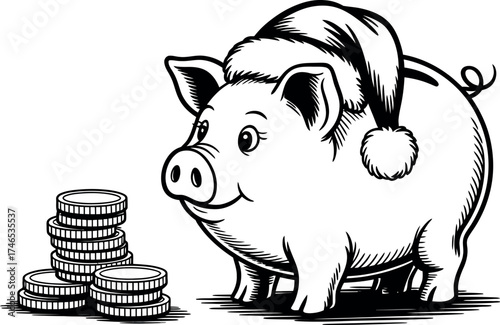 Piggy bank wearing a santa hat with a stack of coins isolated on white background