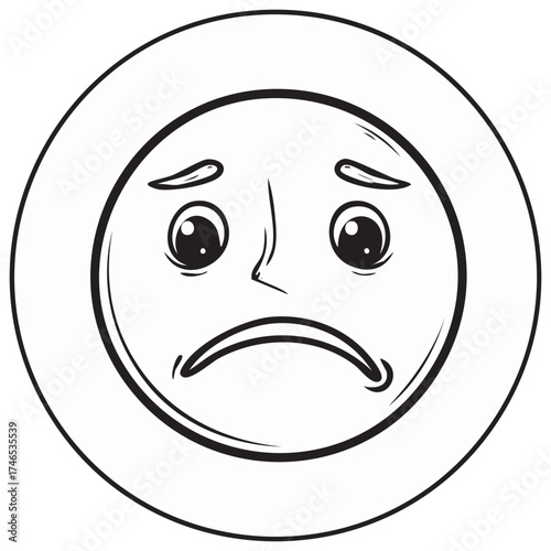 Sad cartoon face inside a plate, emotion and expression, illustration, black and white drawing