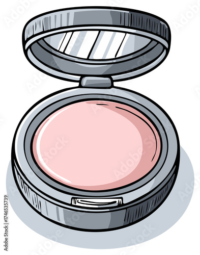 Hand drawn cartoon illustration of an open makeup powder compact with a mirror