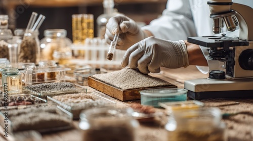 Gloved lab technician examines soil, sand, or gravel samples on a dark laboratory bench
