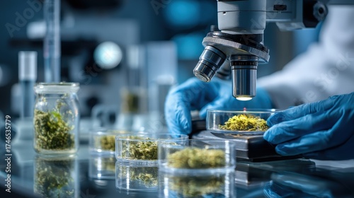 Lab technician examining cannabis/hemp in petri dishes for scientific analysis