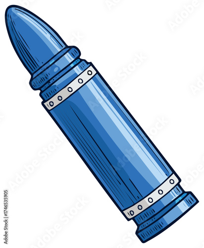 Blue ammunition illustration with shell casing and bullet cartridge for conflict concepts