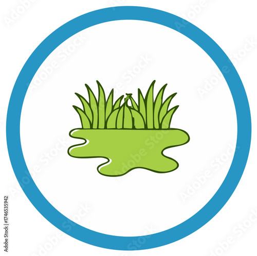 Lush green grass patch icon in a simple modern circular blue border graphic design element